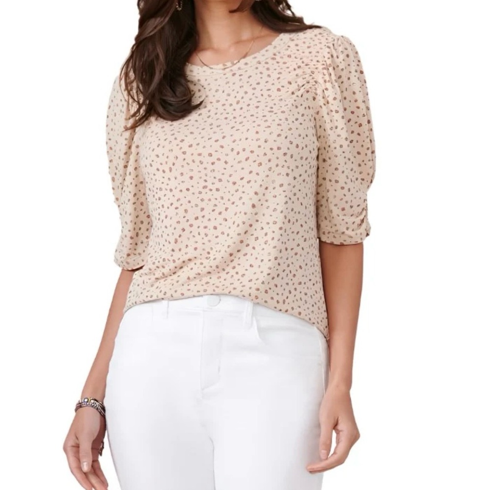 NWOT Democracy elbow puff sleeve scoop neck knit cream top leopard print size XS